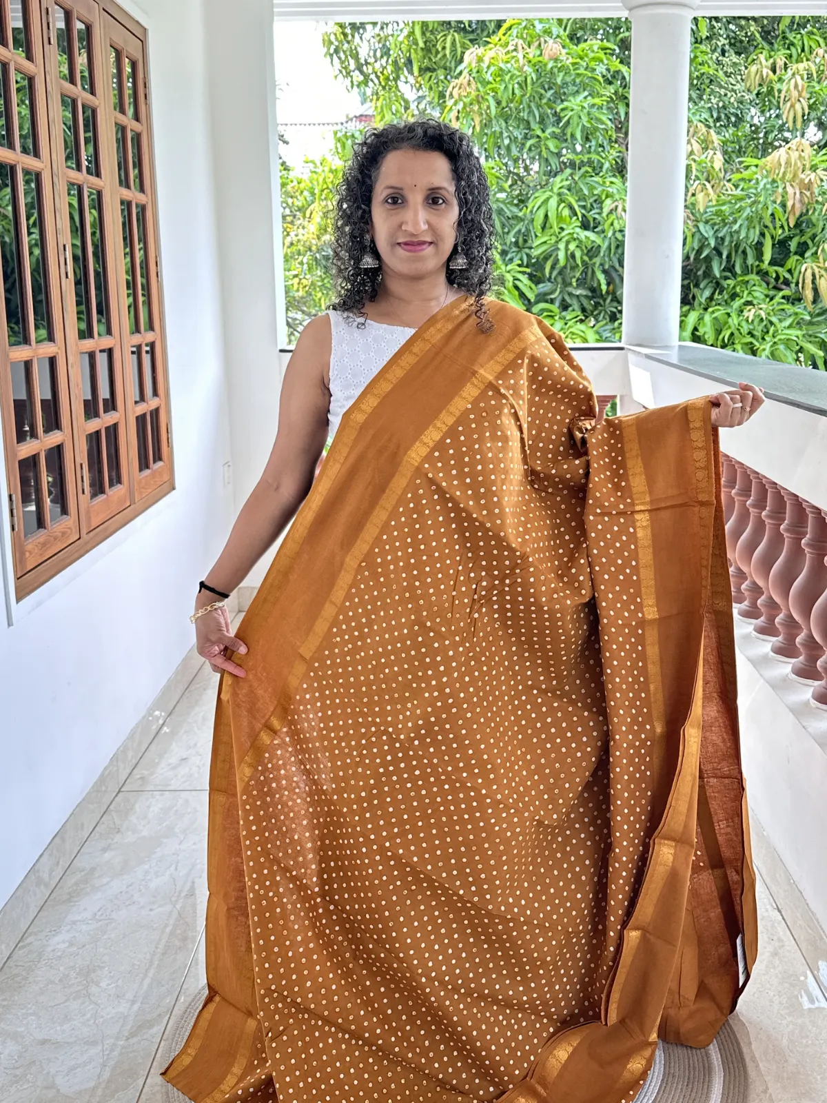 Golden Mustard Wax Printed Madurai Sungudi Cotton Saree with Peacock Gap Border